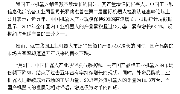 市场占有率五年来首次下滑 国产本体工业机器人发展受阻？